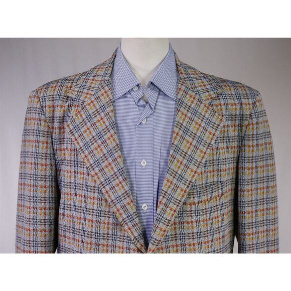 Vintage 60s 70s Double Knit Polyester Blue Orange Gold Check Blazer 44R - Picture 3 of 7